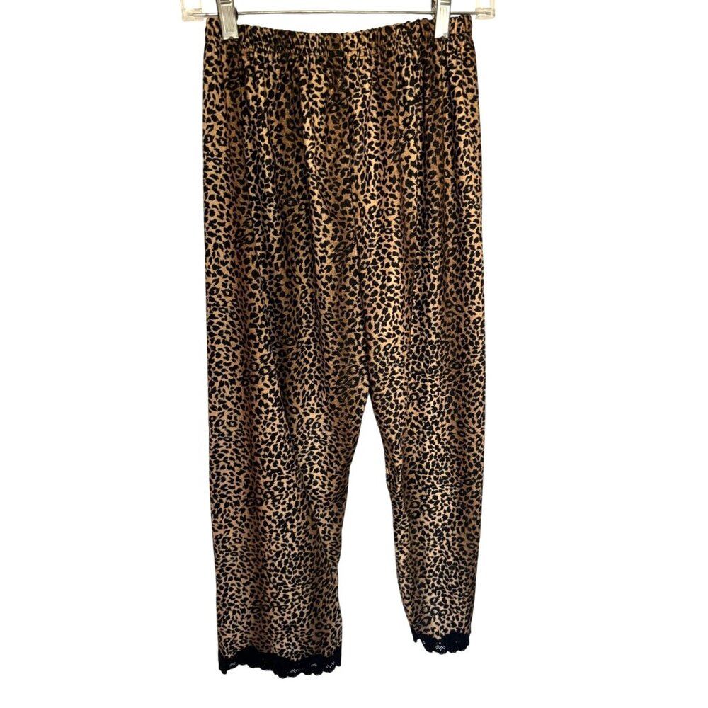 Womens Leopard Print Pajama Pants Elastic Waist Lace Hem Sz Small